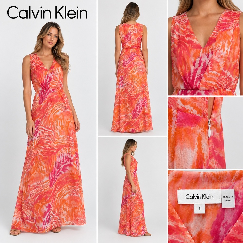 Calvin Klein Womens Orange Pink Abstract V-Neck Sleeveless Maxi Dress Size 8